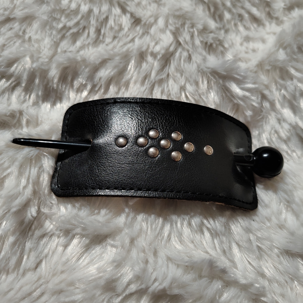 Vintage Black Leather Tooled Hair Bun Stick  With Silver Studs/ See Info